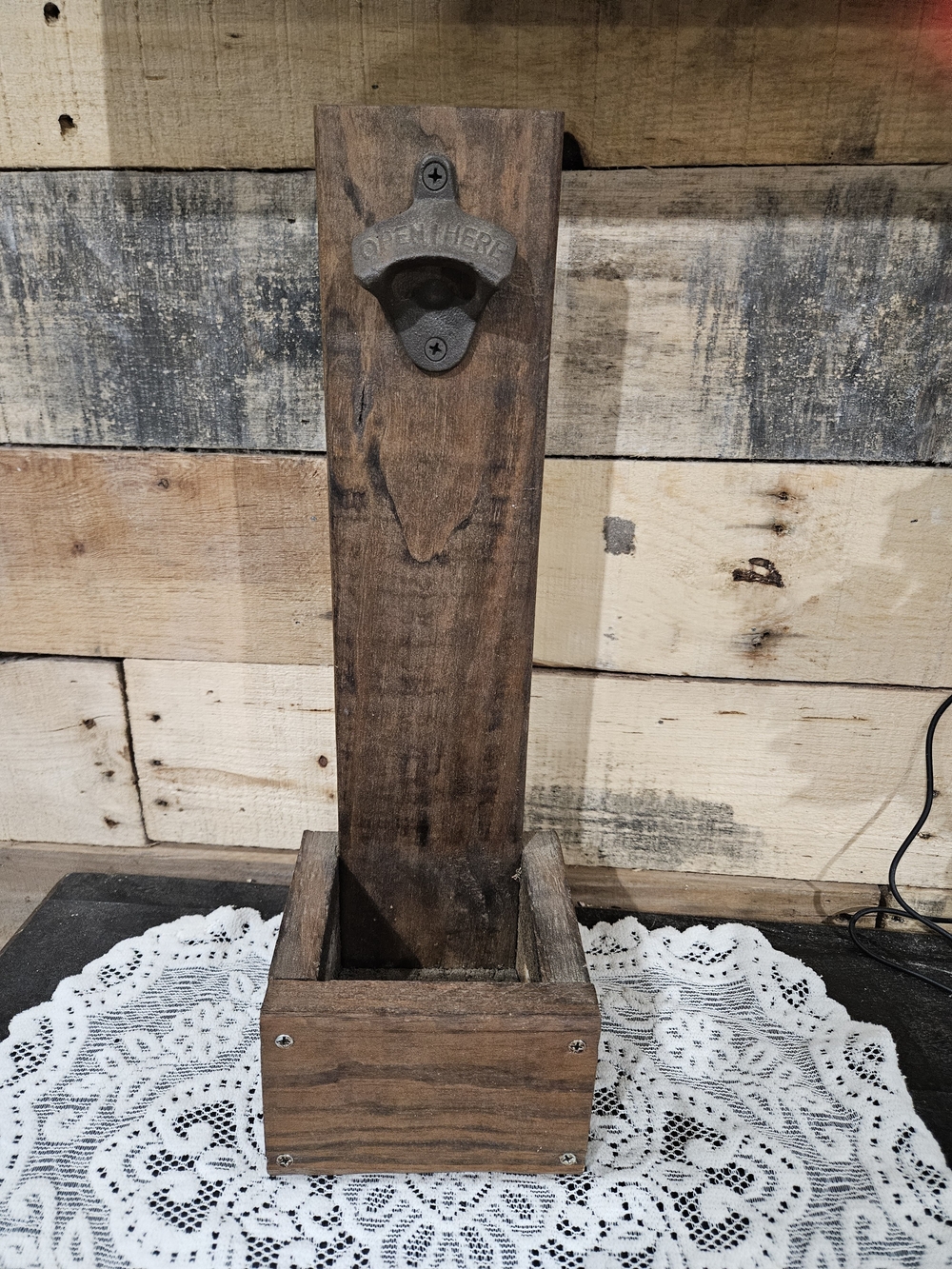 Rustic Wall-Mounted Bottle Opener with Cap Catcher - Brown - Picture 1 of 4